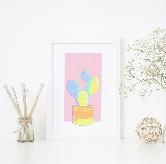 Decorative paint by number kit of a prickly pear cactus in pastel colours planted in an orange plant pot.
