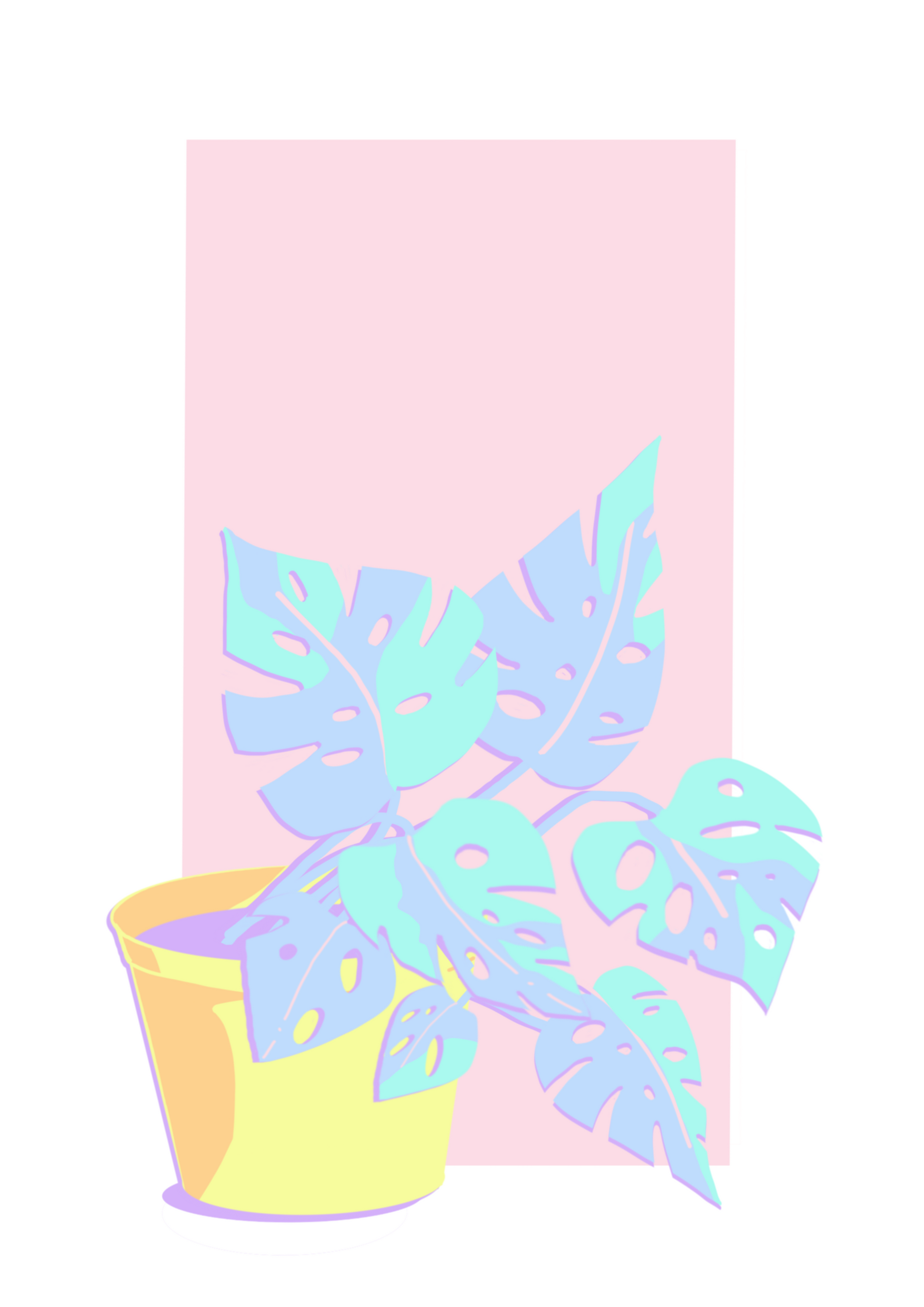 An original paint by number design of a monstera houseplant painted in bold pastel colours on pink background.