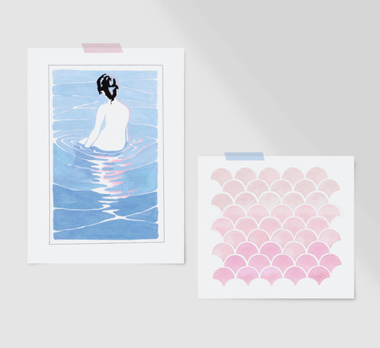At the Onsen paint by number design in blue and pink plus a pink patter design set